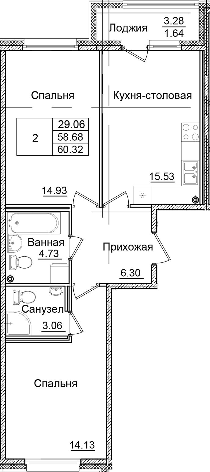 2-комнатная квартира 60.32 м², 2/9 эт., ЖК «Квартал Заречье»